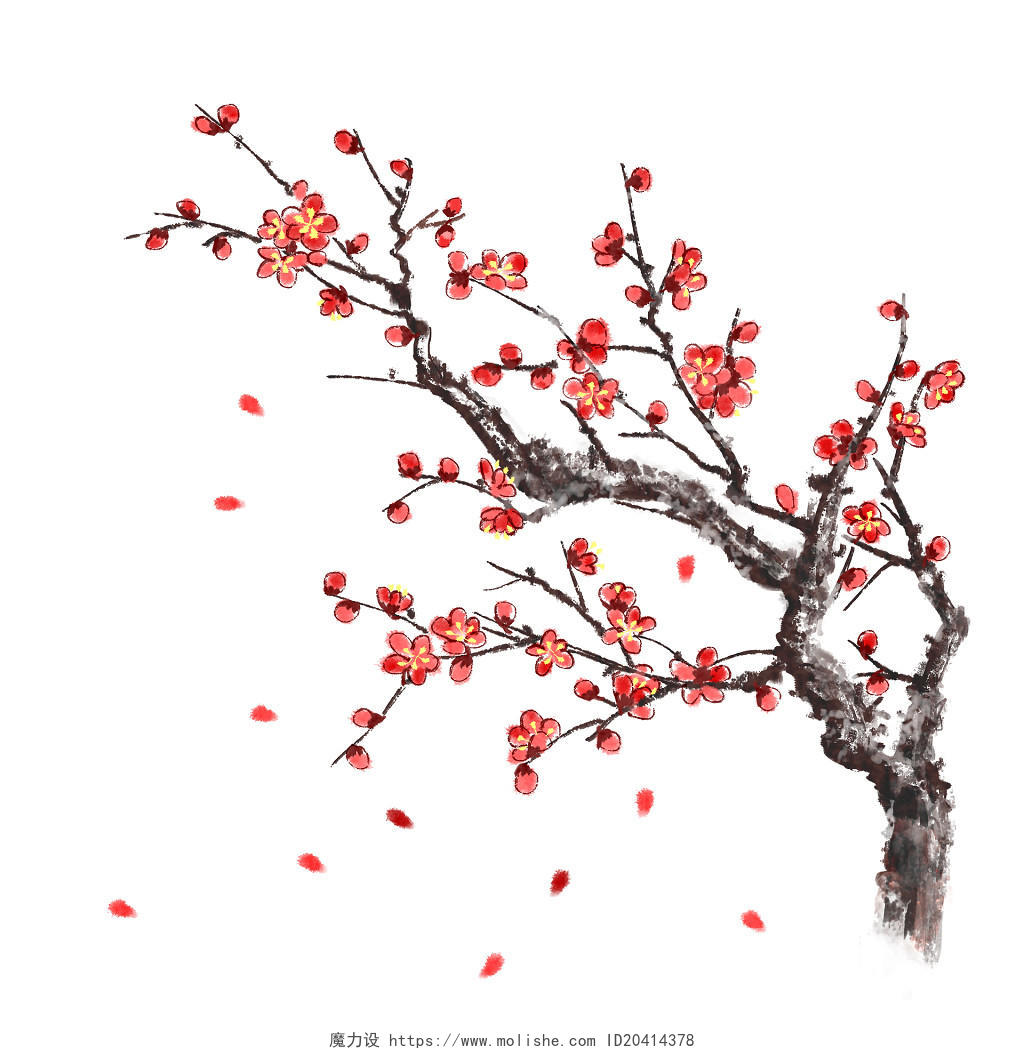 中国风手绘水墨鲜花梅花树枝素材素材